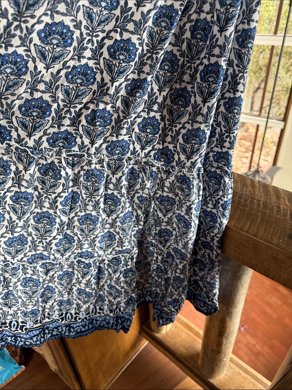 Blue and White Floral V-Neck Maxi Dress with Smocked Waist - Picture 4 of 4